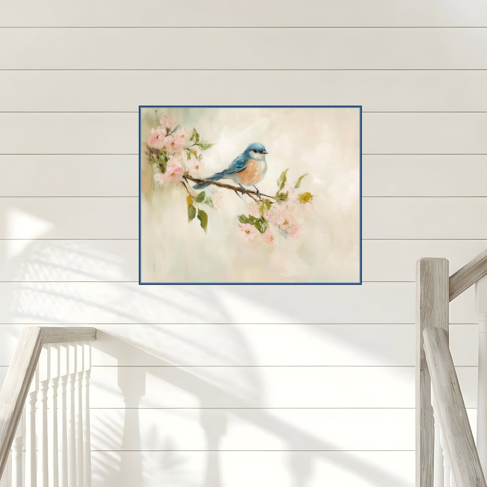 Bluebird artwork with a frame variation in a Coastal stairwell